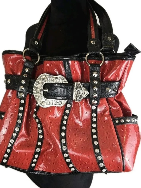 Cowgirl Trendy Handbags - Cowgirl Trendy Western Faux Leather Rhinstone Buckle Textured Shoulder Bag NWOT